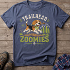 Blue t-shirt with beagle running with stick, text "TRAILHEAD ZOOMIES".