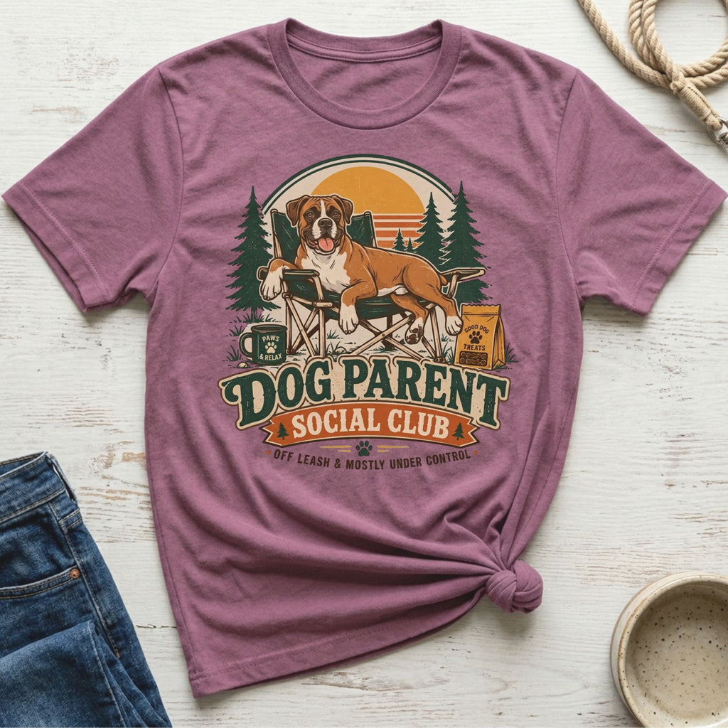 Boxer dog in camping scene on a shirt with "Dog Parent Social Club" text.