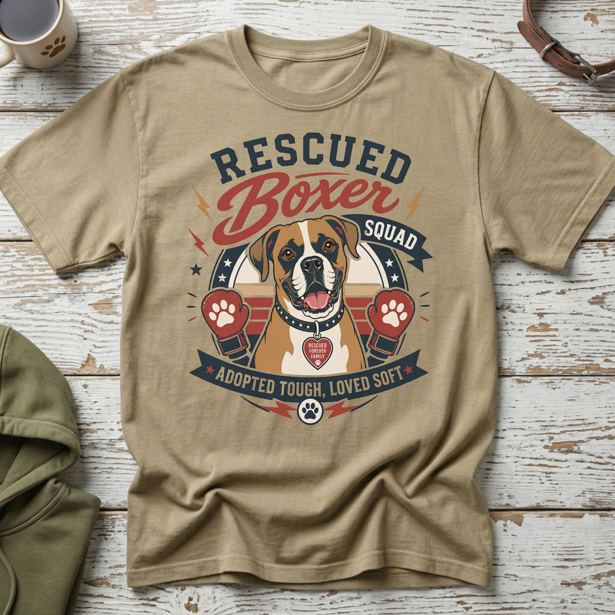 Tan t-shirt with "Rescued Boxer Squad" graphic, featuring a boxer dog and boxing gloves.