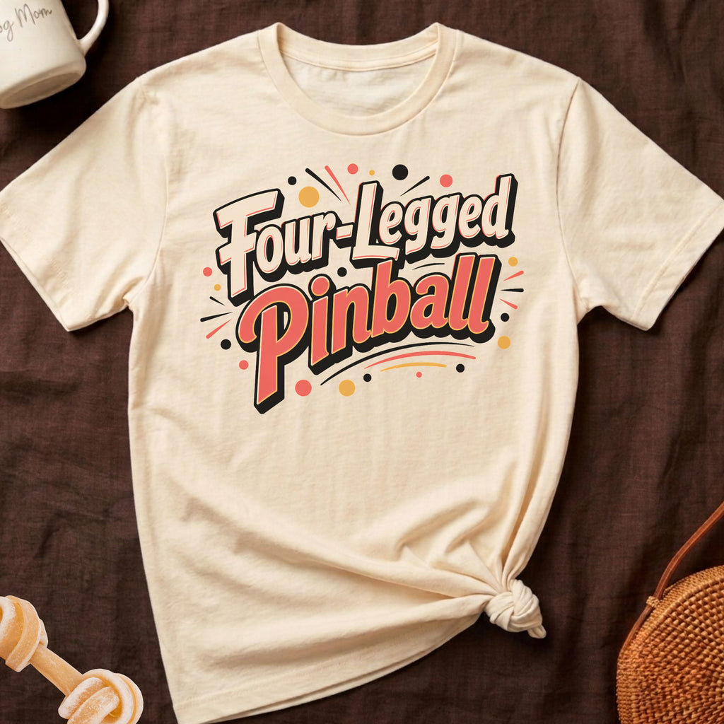 Cream t-shirt with "Four-Legged Pinball" text in a retro font.