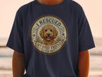 Navy t-shirt with a circular graphic of a golden doodle and text "I RESCUED MY BEST FRIEND".