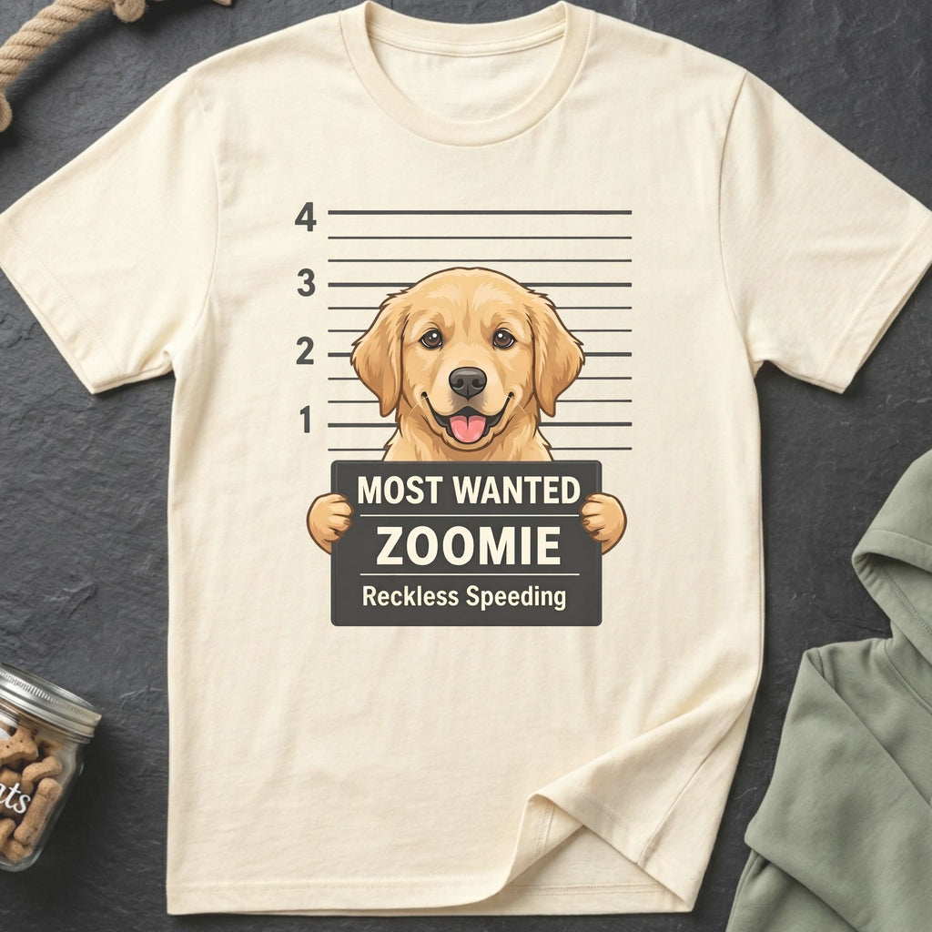 Golden retriever mugshot on a cream t-shirt reading "Most Wanted Zoomie Reckless Speeding".