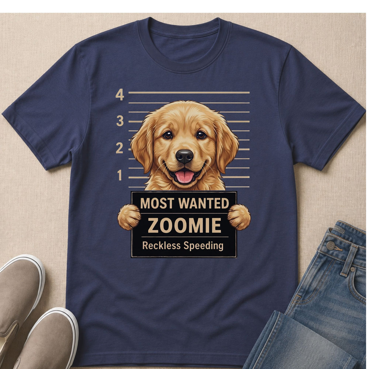 Golden retriever dog mugshot with text "Most Wanted Zoomie Reckless Speeding".