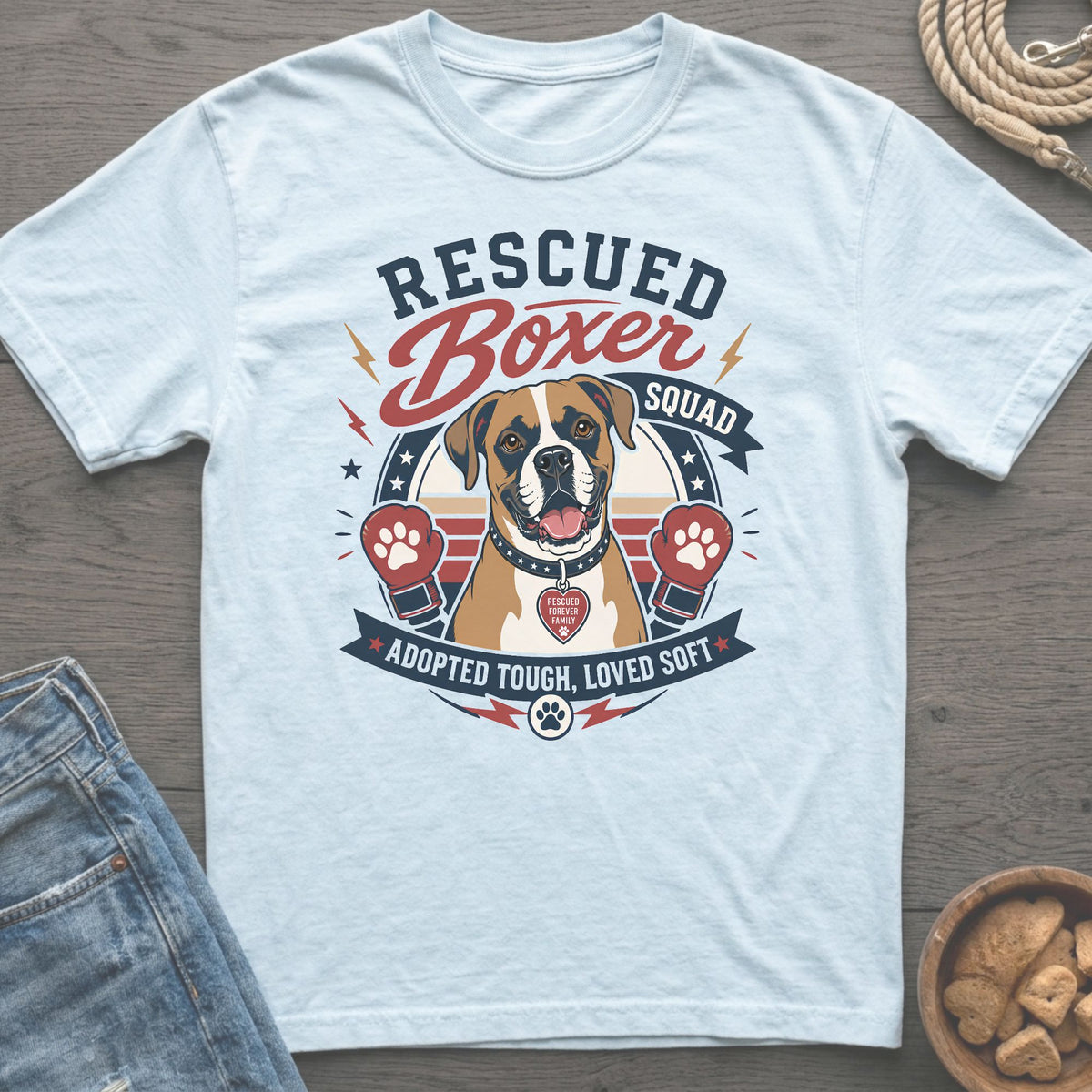 Light blue t-shirt with "Rescued Boxer Squad" graphic and a boxer dog.