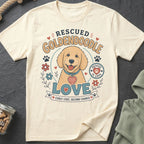 Cream t-shirt with rescued Golden Doodle graphic, "LOVE" and "Curly Coat, Second Chance".