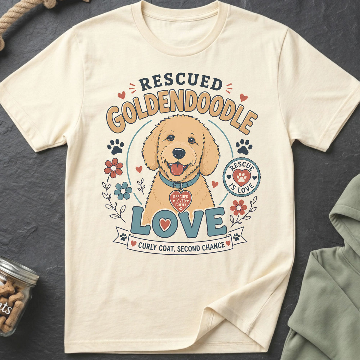 Cream t-shirt with rescued Golden Doodle graphic, "LOVE" and "Curly Coat, Second Chance".