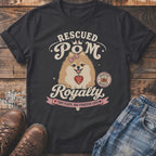 Rescued Pom Royalty t-shirt with a fluffy dog graphic and text.
