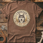 Brown t-shirt with husky graphic reading "I RESCUED MY BEST FRIEND"