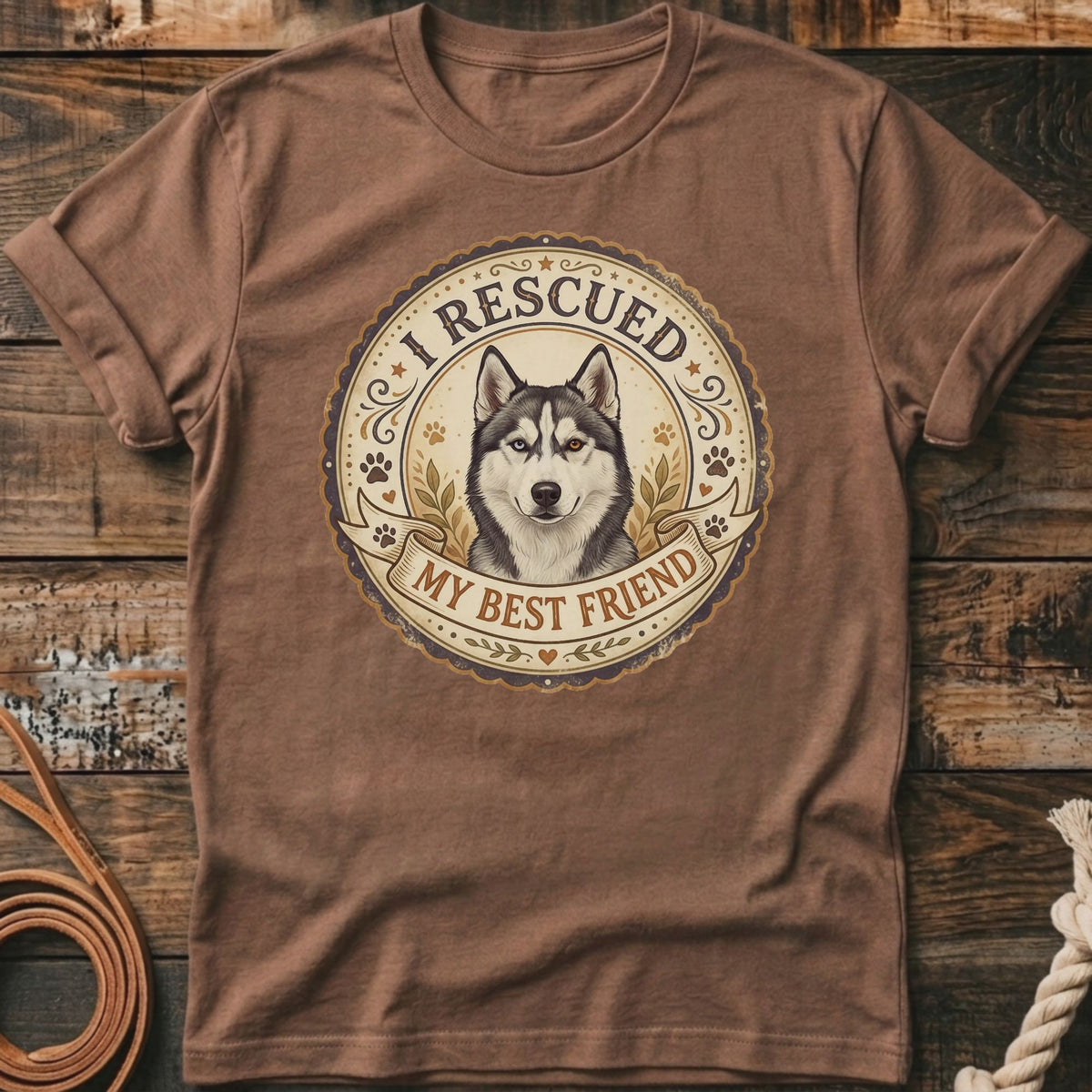 Brown t-shirt with husky graphic reading "I RESCUED MY BEST FRIEND"