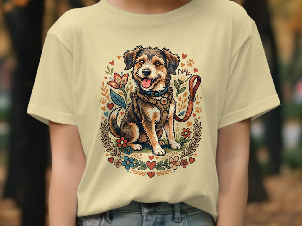 Illustration of a happy dog wearing a harness, surrounded by flowers and hearts.