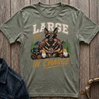 German Shepherd wearing sunglasses and a "The Boss" tag, with text "Large and in Charge."