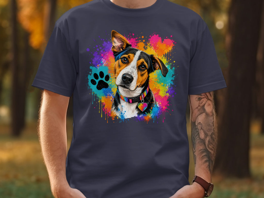 T-shirt with abstract dog art, paw print, and rainbow heart collar.