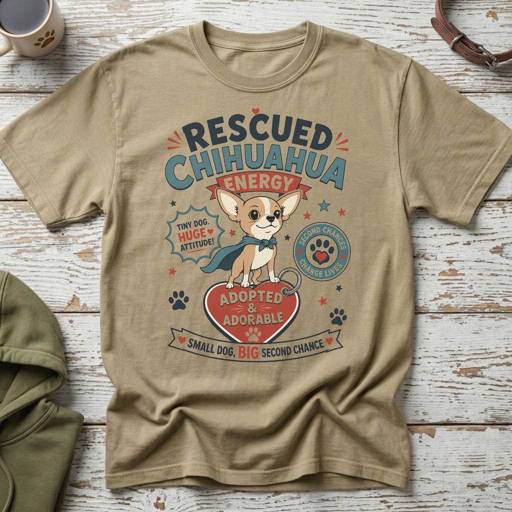 Rescued Chihuahua with "Adopted & Adorable" and "Small Dog, Big Second Chance" text.