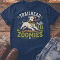 Bulldog with stick on navy t-shirt reads "TRAILHEAD ZOOMIES".