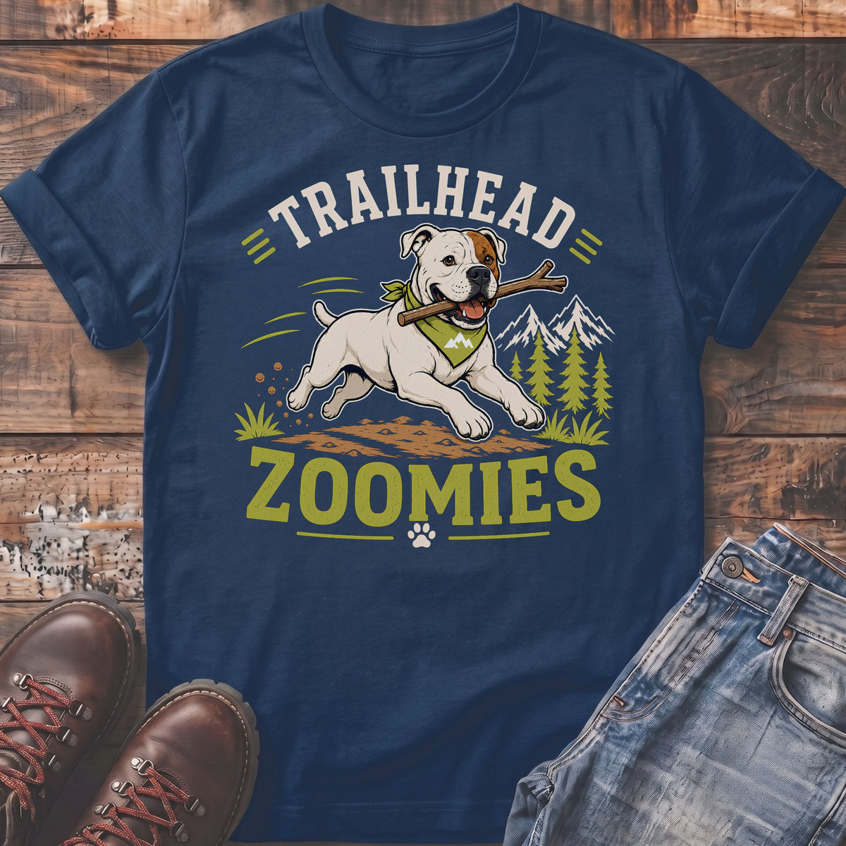 Bulldog with stick on navy t-shirt reads "TRAILHEAD ZOOMIES".