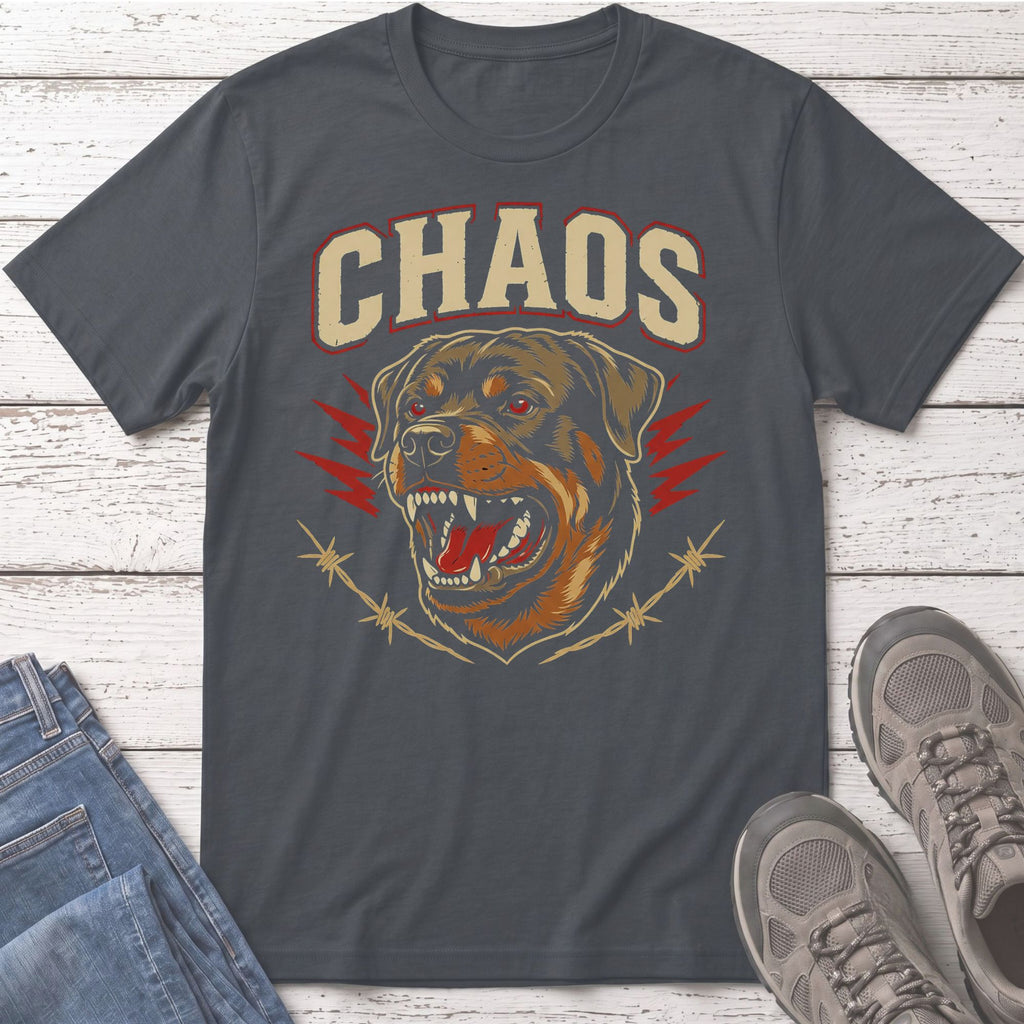Dark grey t-shirt with "CHAOS" text and a Rottweiler head graphic.