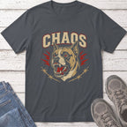 Dark grey t-shirt with "CHAOS" text and a snarling dog graphic over barbed wire.