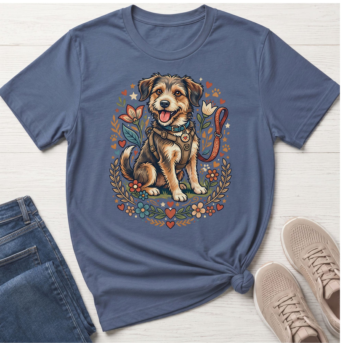 T-shirt with a smiling dog in a floral wreath design and a leash.