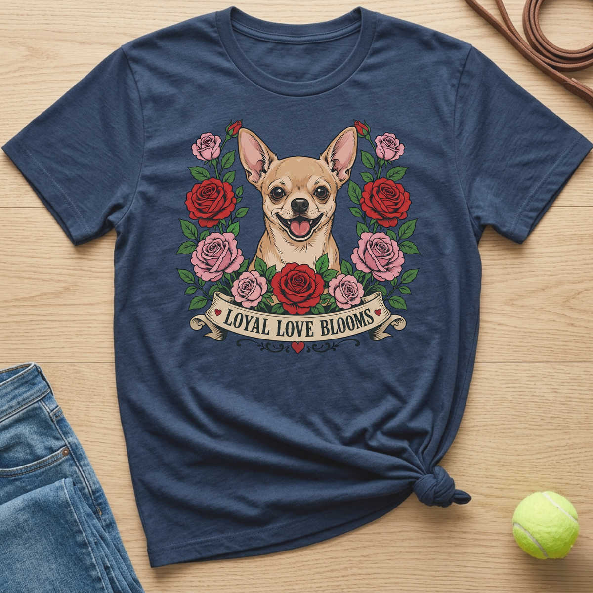 Navy t-shirt with chihuahua and roses graphic that says "Loyal Love Blooms".