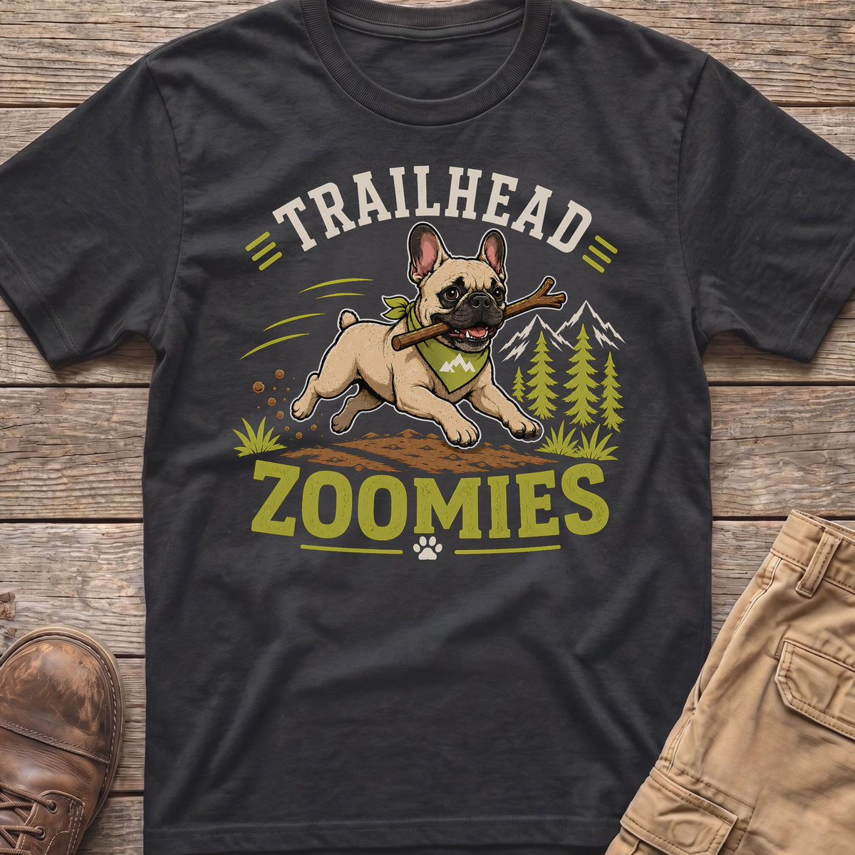 French Bulldog with stick wearing bandana on shirt saying "Trailhead Zoomies."