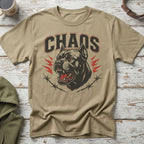 Tan t-shirt with black and red "CHAOS" text and angry dog graphic.