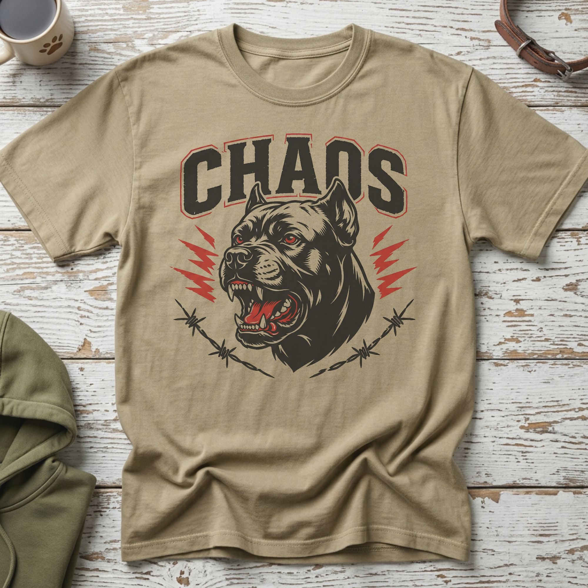 Tan t-shirt with black and red "CHAOS" text and angry dog graphic.