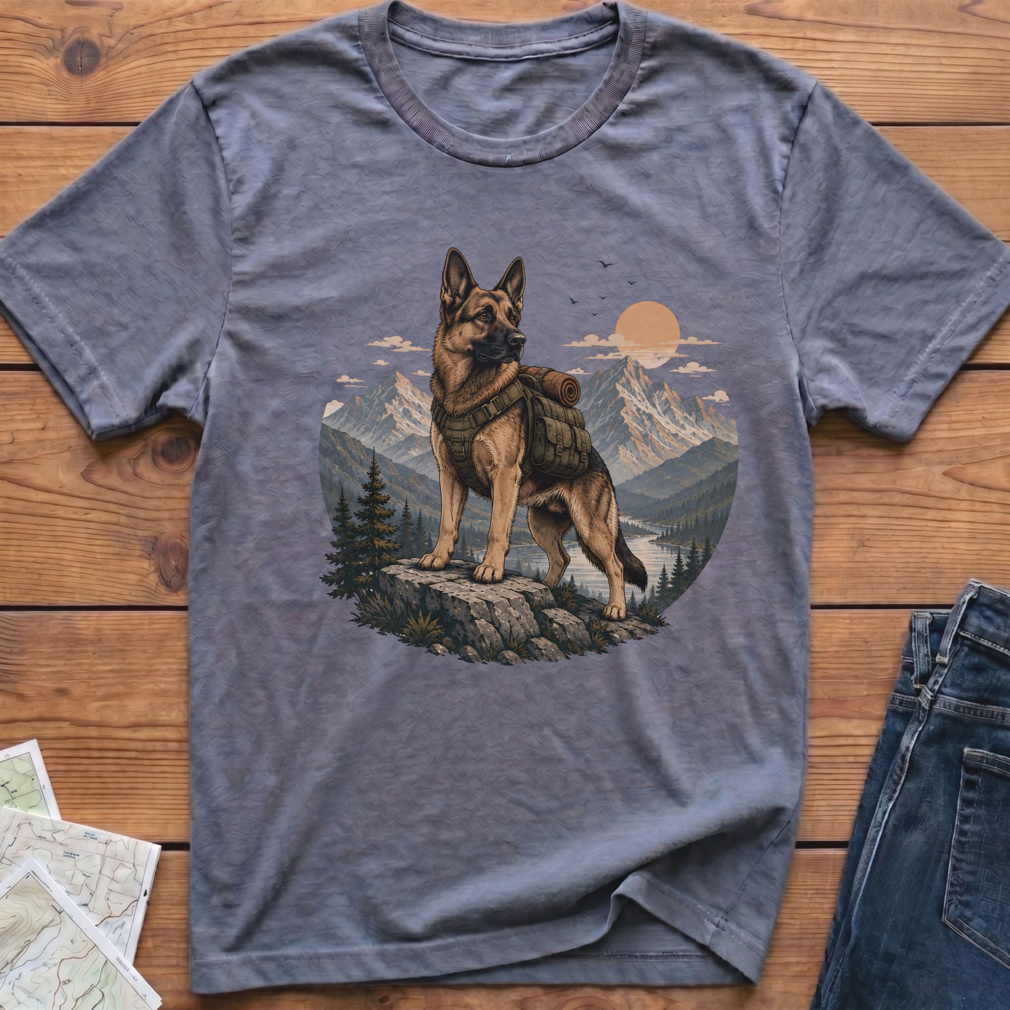 German Shepherd wearing a backpack stands on a rock with a mountain landscape background.