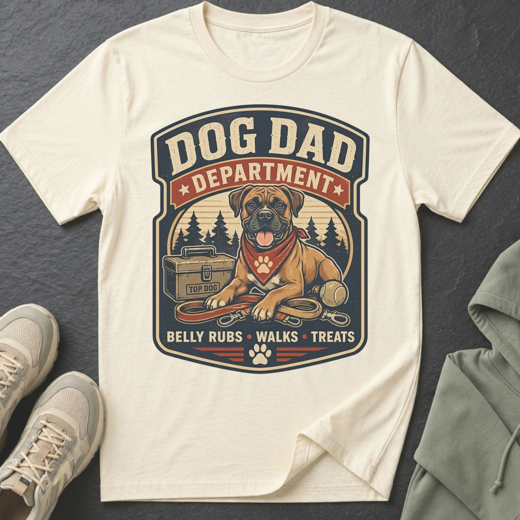 Cream t-shirt with a "Dog Dad Department" graphic featuring a dog, leash, and treat box.