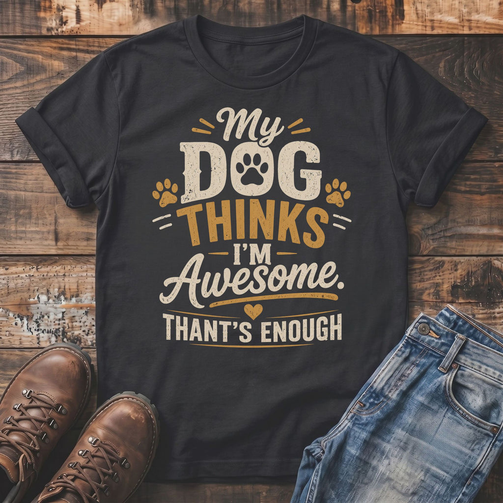 Dark t-shirt with text "My Dog Thinks I'm Awesome. Thant's Enough" and paw prints.