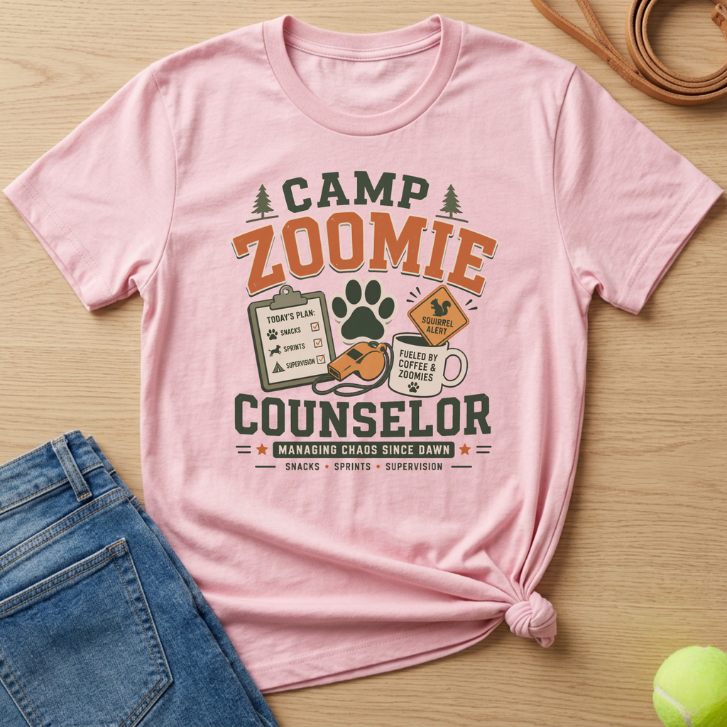 Pink t-shirt with "Camp Zoomie Counselor" and camp-themed graphics.