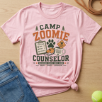 Pink t-shirt with "Camp Zoomie Counselor" and camp-themed graphics.