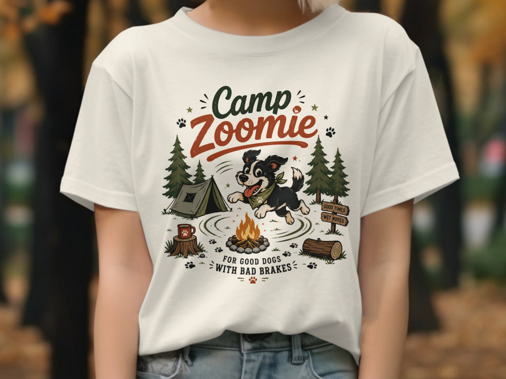 White t-shirt with "Camp Zoomie For Good Dogs With Bad Brakes" graphic.