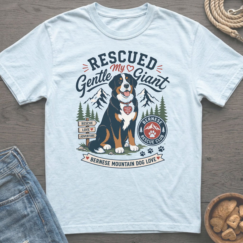 Bernese Mountain Dog sitting with "Rescued My Gentle Giant" text.