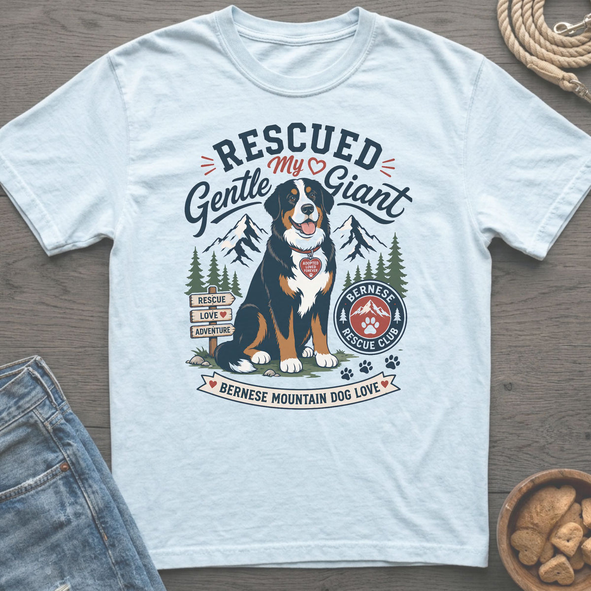 Bernese Mountain Dog sitting with "Rescued My Gentle Giant" text.