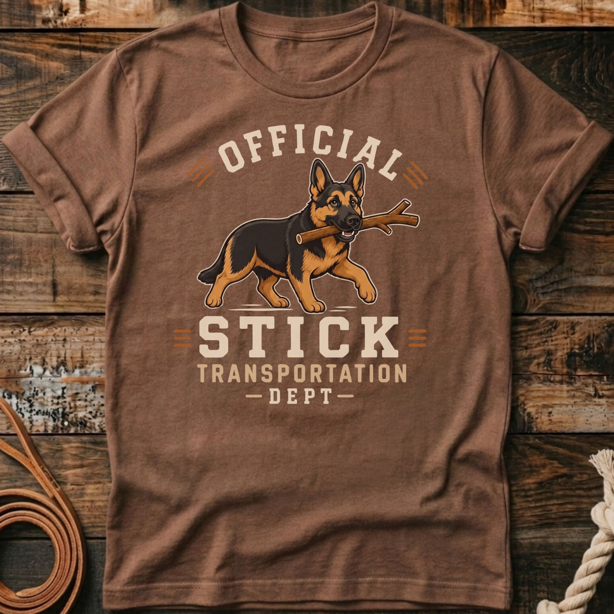 German Shepherd with stick on shirt reading "Official Stick Transportation Dept".