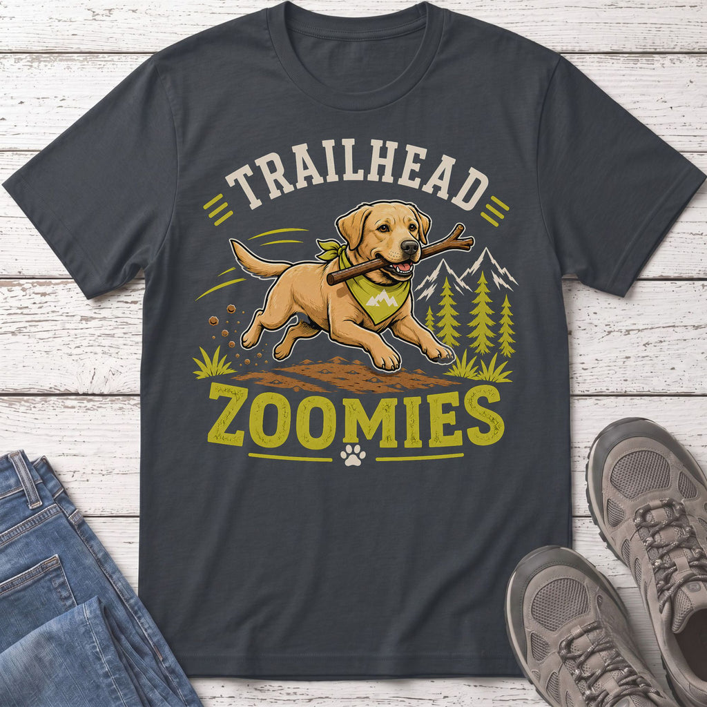 T-shirt with cartoon dog running with stick, "Trailhead Zoomies" text, and mountains.