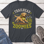 T-shirt with cartoon dog running with stick, "Trailhead Zoomies" text, and mountains.