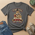 Dark grey t-shirt with a graphic of a Pomeranian wearing a cape on a bone with text.