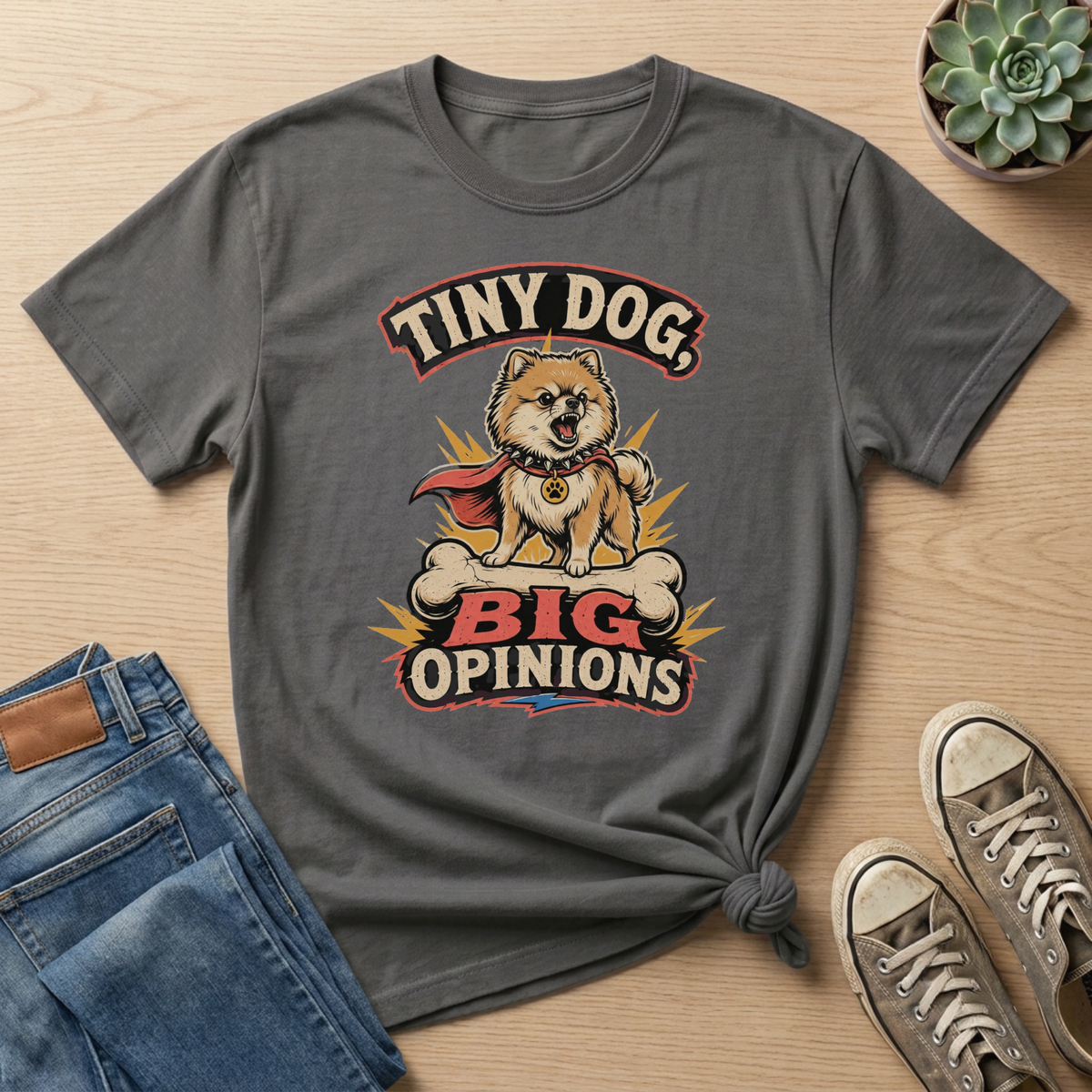 Dark grey t-shirt with a graphic of a Pomeranian wearing a cape on a bone with text.