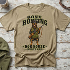 Rottweiler with shotgun and text "Gone Hunting Dog House Hunt Club".