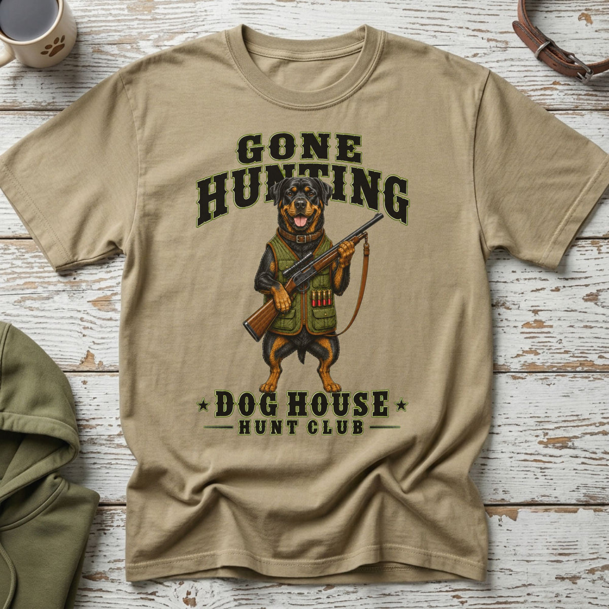 Rottweiler with shotgun and text "Gone Hunting Dog House Hunt Club".