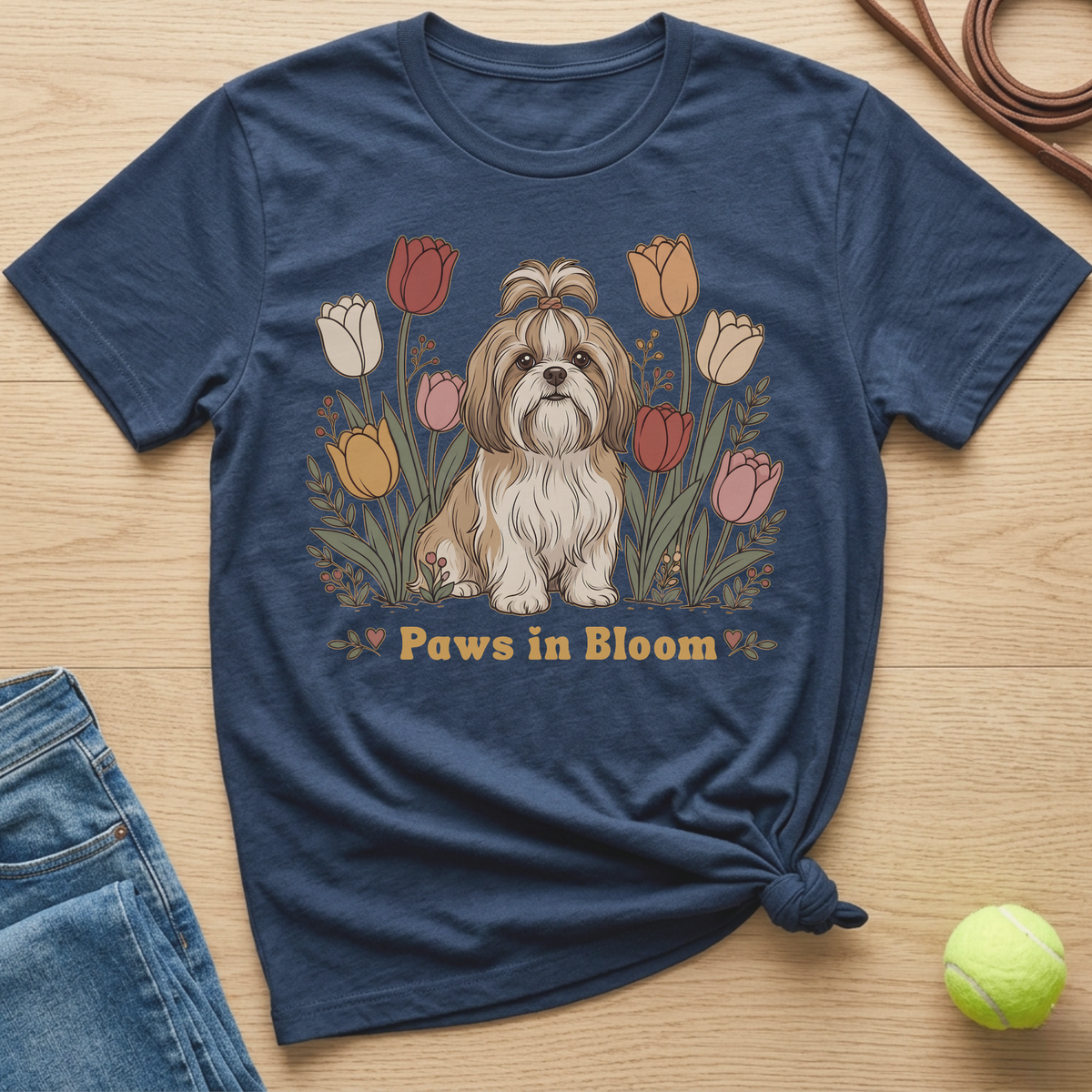 Navy t-shirt with Shih Tzu dog and tulips graphic that reads "Paws in Bloom".