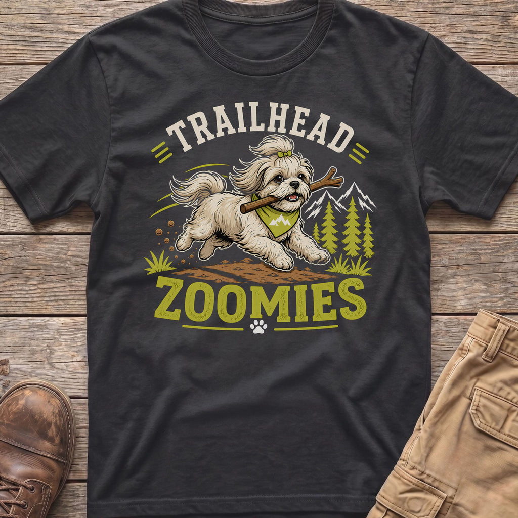 T-shirt with a shaggy dog running with a stick, text "TRAILHEAD ZOOMIES"