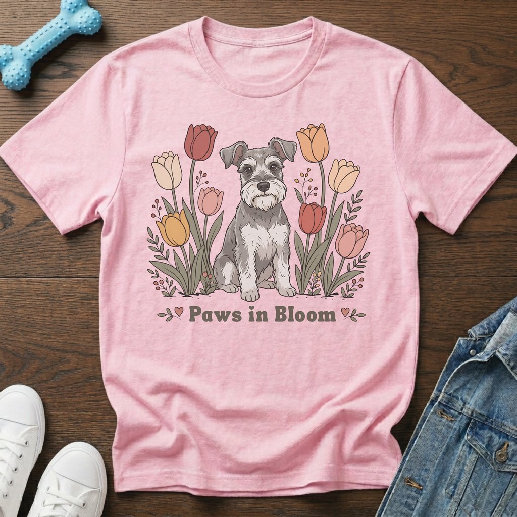 Pink t-shirt with a schnauzer and tulips graphic that reads "Paws in Bloom".