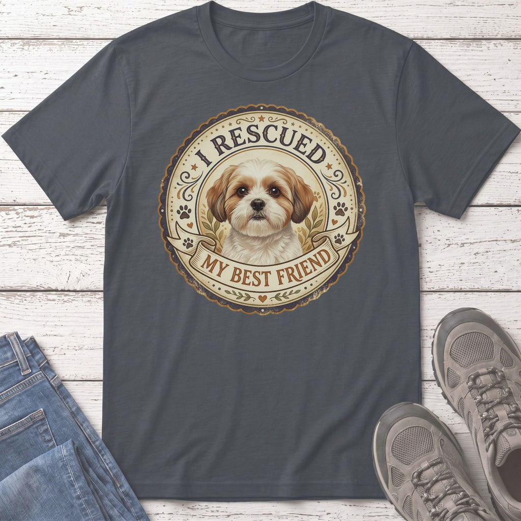 Gray t-shirt with a circular graphic featuring a dog and text "I RESCUED MY BEST FRIEND".