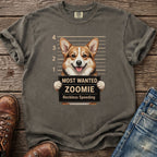 Gray t-shirt with a corgi mugshot graphic reading "Most Wanted Zoomie Reckless Speeding".