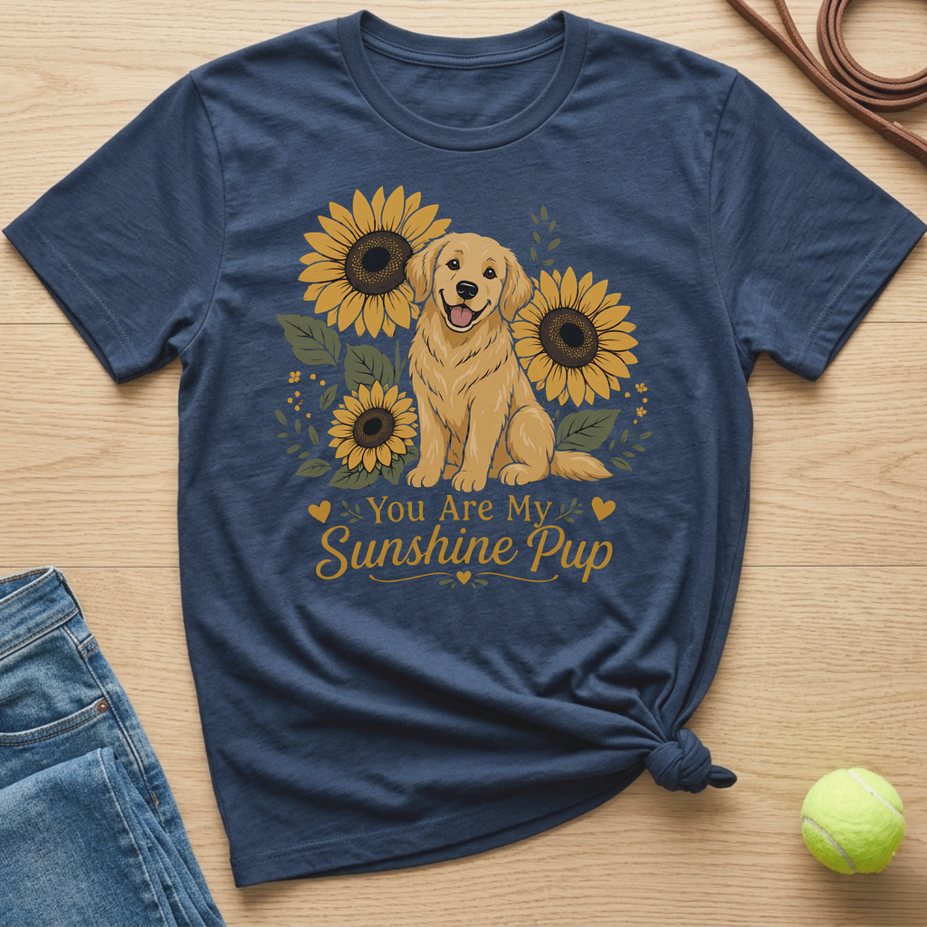 Navy t-shirt with a golden retriever sitting among sunflowers, text reads "You Are My Sunshine Pup".