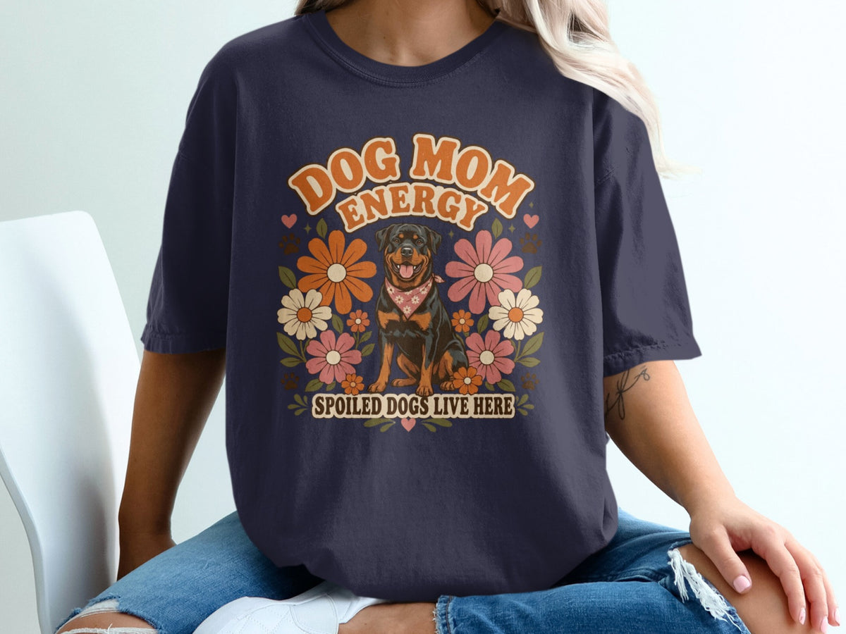 Dark navy t-shirt with "Dog Mom Energy" text and a Rottweiler among flowers.
