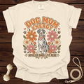 Cream t-shirt with "Dog Mom Energy" text and a Dalmatian dog illustration.