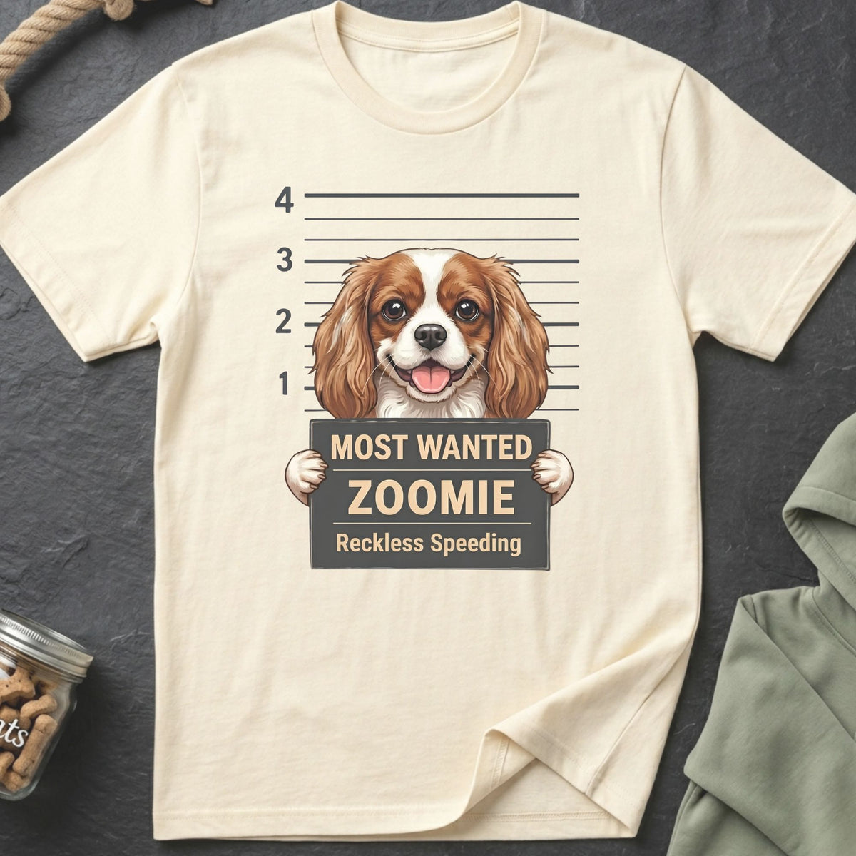 Cream t-shirt with a dog mugshot graphic reading "Most Wanted Zoomie Reckless Speeding."